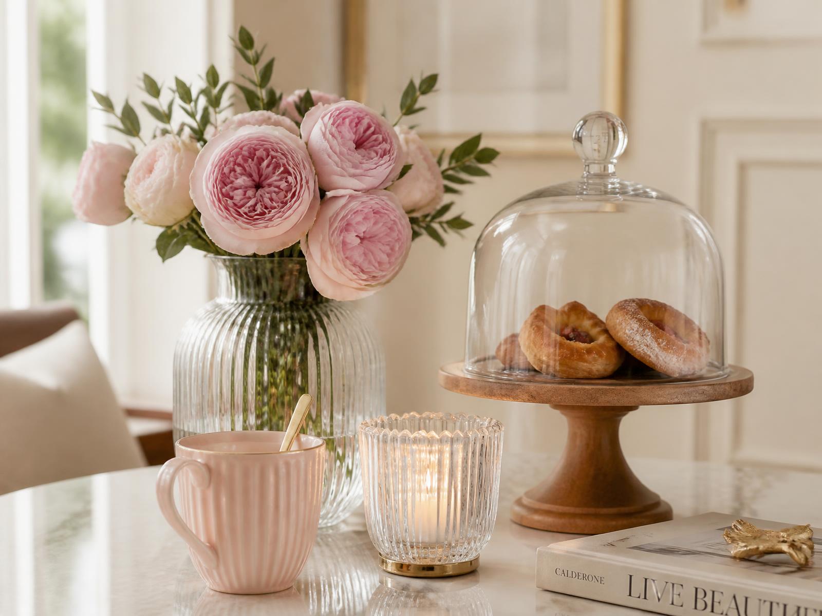 Fluted glass vase with pink roses, a lit candle and a cake stand on a marble table